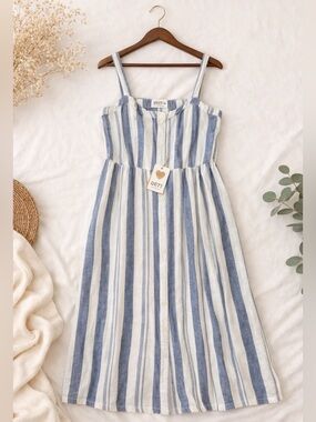 DE77 Blue and White Striped Button-Front Sundress